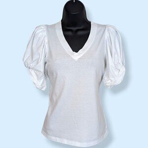 7FAM White V-Neck Puffy Sleeve Top